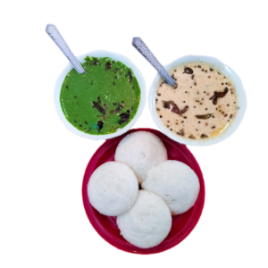 4 IDLI with Peanut Sause & Coriander Sauce